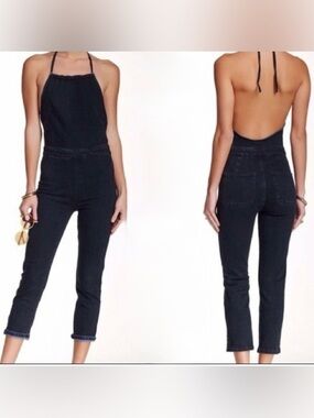 Free People Denim Backless Halter Jumpsuit Womens Size 6